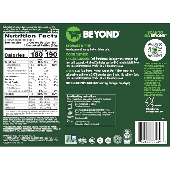 Beyond Breakfast Sausage Plant - Based Patties Box,6 Pack,7.4 Oz - For Health For Ethics -