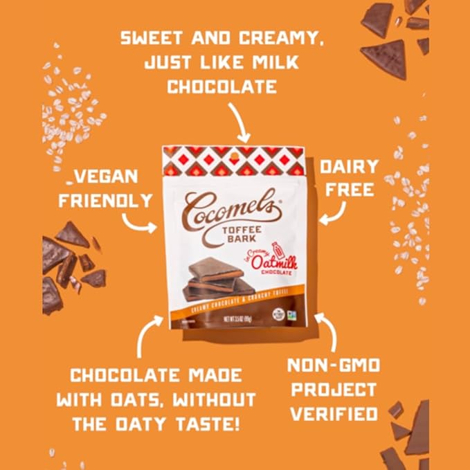 Cocomels Oatmilk Chocolate Covered Toffee Bark, 3.5 oz, 6 Pack, Dairy Free, Vegan, Organic - For Health For Ethics -