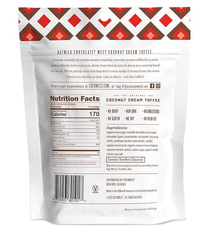 Cocomels Oatmilk Chocolate Covered Toffee Bark, 3.5 oz, 6 Pack, Dairy Free, Vegan, Organic - For Health For Ethics -