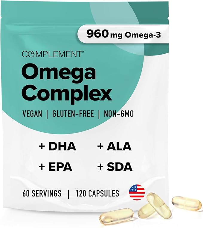 Complement Vegan Omega 3 Supplement - 960mg Omega - 3 Fatty Acids, DHA, EPA, SDA, ALA Supplement - Immune Support - 60 Servings, 120 Liquid Capsules - For Health For Ethics -