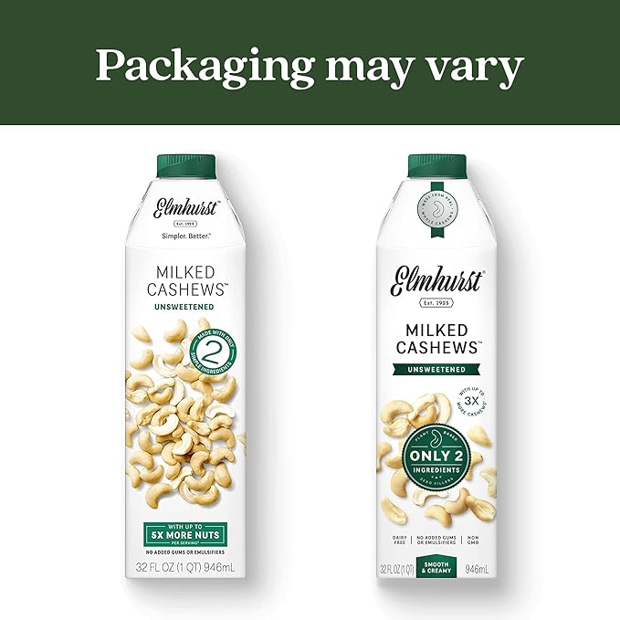 Elmhurst 1925 Cashew Milk, Unsweetened Cashew Milk, Shelf Stable Cashew Milk, Vegan, Kosher, Nondairy, Sugar Free, Non GMO, Plant Based Alternative Milk, Made With Water And Cashews, Simpler Better, 32 Ounce (Pack of 6) - For Health For Ethics -