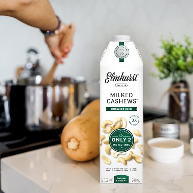 Elmhurst 1925 Cashew Milk, Unsweetened Cashew Milk, Shelf Stable Cashew Milk, Vegan, Kosher, Nondairy, Sugar Free, Non GMO, Plant Based Alternative Milk, Made With Water And Cashews, Simpler Better, 32 Ounce (Pack of 6) - For Health For Ethics -