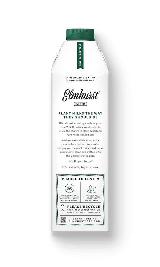 Elmhurst 1925 Milked Oats Unsweetened Oat Milk, 32 Ounce (Pack of 6) - For Health For Ethics -