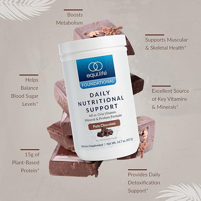 Equilife - Daily Nutritional Support, Organic and Plant Based Protein Powder, All - in - one Multivitamin, Boost Energy and Mood, Gut - Cleansing Aid and Skin Health (Pure Chocolate,14 Servings Tub) - For Health For Ethics -