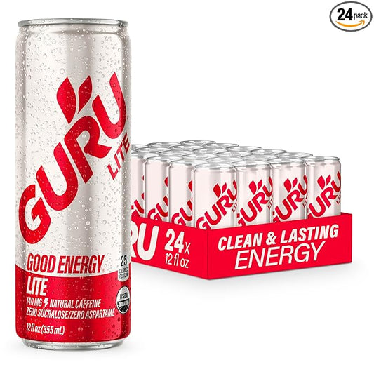 GURU Lite Organic Energy Drinks, Clean Energy Drink with Plant Based Natural Caffeine from Green Tea, Low Calorie, Gluten Free and Vegan, 140MG Caffeine, Healthy Drinks, 12oz (Pack of 24) - For Health For Ethics -