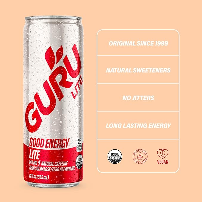 GURU Lite Organic Energy Drinks, Clean Energy Drink with Plant Based Natural Caffeine from Green Tea, Low Calorie, Gluten Free and Vegan, 140MG Caffeine, Healthy Drinks, 12oz (Pack of 24) - For Health For Ethics -