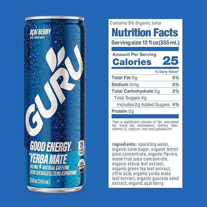 GURU Organic Energy Drinks Variety Pack, Clean Energy Drink with Plant Based Natural Caffeine from Green Tea, Gluten Free and Vegan, 140MG Caffeine, Healthy Drinks, 12 oz (Pack of 12) - For Health For Ethics -