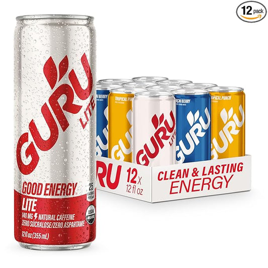 GURU Organic Energy Drinks Variety Pack, Clean Energy Drink with Plant Based Natural Caffeine from Green Tea, Gluten Free and Vegan, 140MG Caffeine, Healthy Drinks, 12 oz (Pack of 12) - For Health For Ethics -