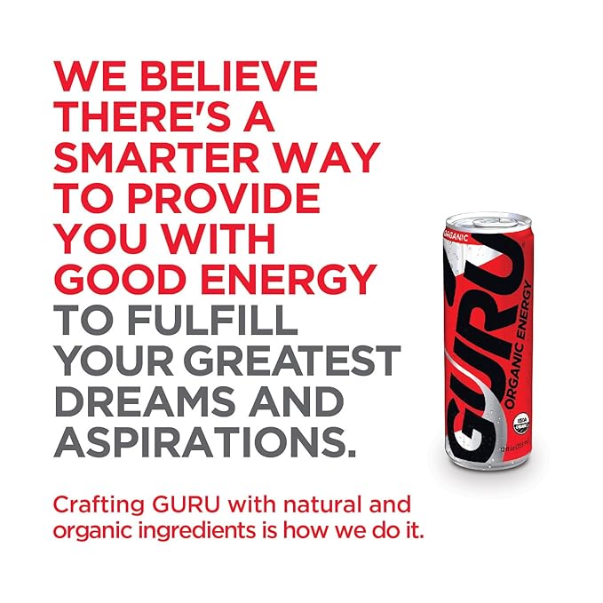GURU Original Organic Energy Drinks, Clean Energy Drink with Plant Based Natural Caffeine from Green Tea, Gluten Free and Vegan, 140MG Caffeine, Healthy Drinks, 12oz (Pack of 24) - For Health For Ethics -