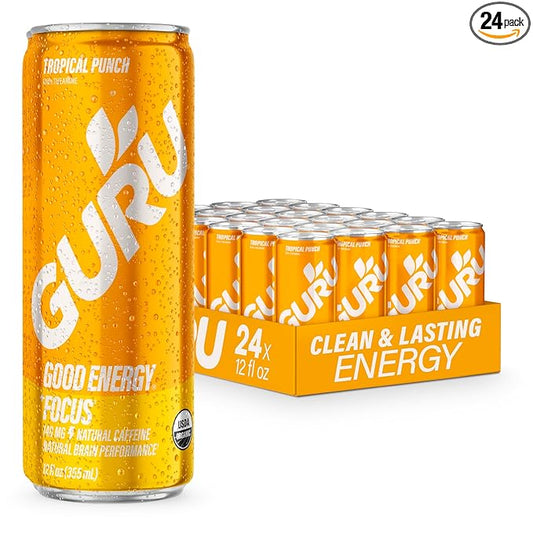 GURU Tropical Punch Organic Energy Drinks, Clean Energy Drink with Plant Based Natural Caffeine from Green Tea + L Theanine, Gluten Free and Vegan, 140MG Caffeine, Healthy Drinks, 12oz (Pack of 24) - For Health For Ethics -