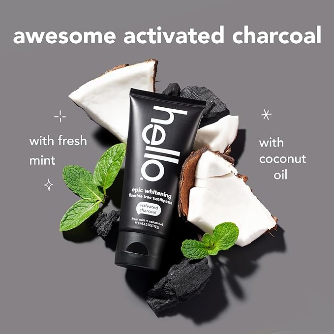 Hello Activated Charcoal Toothpaste, Fluoride Free with Activated Charcoal, Teeth Whitening Toothpaste with Fresh Mint and Coconut Oil, No SLS, Vegan, Gluten Free, 3 Pack, 4 OZ Tubes - For Health For Ethics -