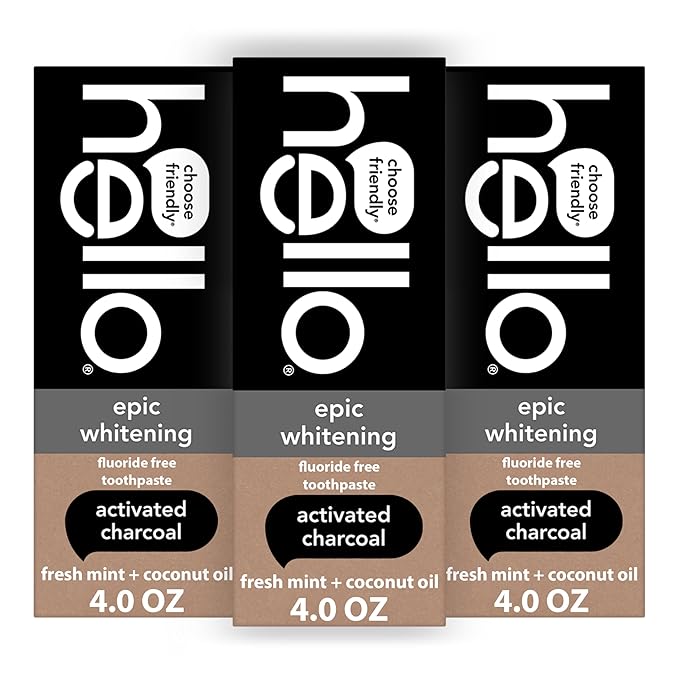 Hello Activated Charcoal Toothpaste, Fluoride Free with Activated Charcoal, Teeth Whitening Toothpaste with Fresh Mint and Coconut Oil, No SLS, Vegan, Gluten Free, 3 Pack, 4 OZ Tubes - For Health For Ethics -