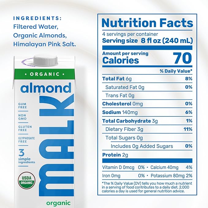 MALK Almond Milk Unsweetened (32oz, Pack of 6) - Shelf Stable Organic Almond Milk, Non GMO, Whole 30, Dairy Free, Vegan, Plant Based, No Gums or Fillers - Malk for Smoothies, Cereal, Coffee, Creamer - For Health For Ethics -