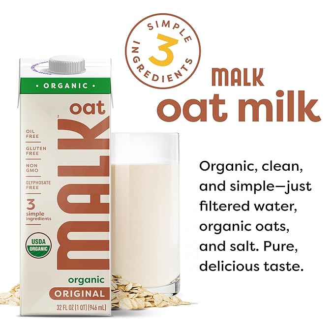 MALK Oat Milk Unsweetened (32oz, Pack of 6) - Shelf Stable Organic Oat Milk, Non GMO, Whole 30, Dairy Free, Vegan, Plant Based, No Gums or Fillers - Malk Oatmilk for Smoothies, Cereal, Coffee, Lattes - For Health For Ethics -