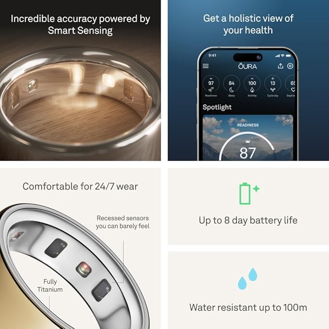 Oura Ring 4 - Gold - Size 9 - Smart Ring - Size First with Oura Ring 4 Sizing Kit - Sleep Tracking Wearable - Heart Rate - Fitness Tracker - Up to 8 Days of Battery Life - For Health For Ethics -
