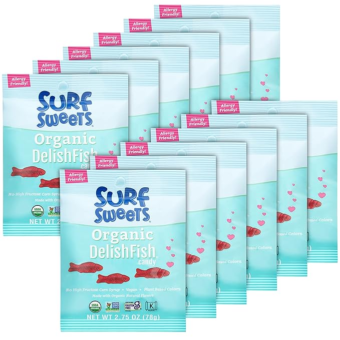 Surf Sweets Organic DelishFish Candy - Sweet Vegan Candy Fish, Gluten Free Snack for Kids and Adults, Kosher, Raspberry Fruit Flavor, Sweetened with Organic Cane Sugar - 2.75 oz Bag (Pack of 12) - For Health For Ethics -