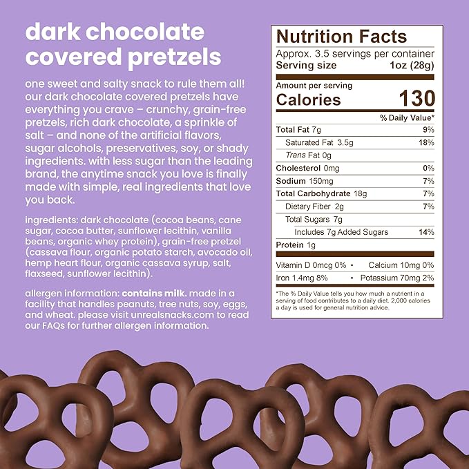 UNREAL Dark Chocolate Covered Pretzels, 7g Sugar, Chocolate Candy Treat Bag, Gluten Free, Fair Trade, Non - GMO, Value Size, 3.5oz (Pack of 3) - For Health For Ethics -