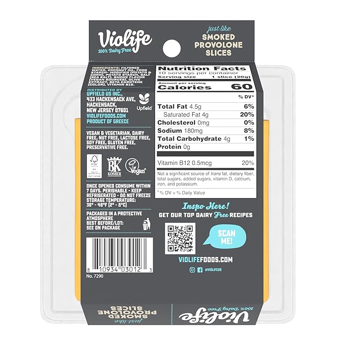 Violife VIOlife Just Like Smoked Provolone Slices, 7.05 oz Pack, 7.05 oz - For Health For Ethics -