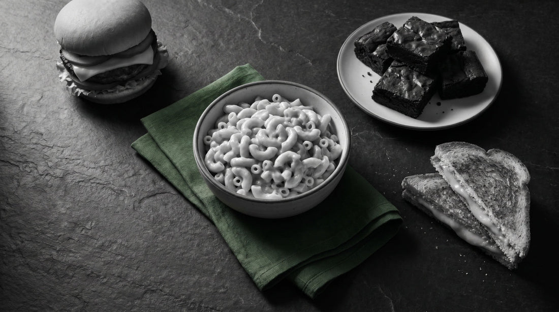 Vegan comfort food classics: cheeseburger, mac and cheese, brownies, and grilled cheese on a dark slate table