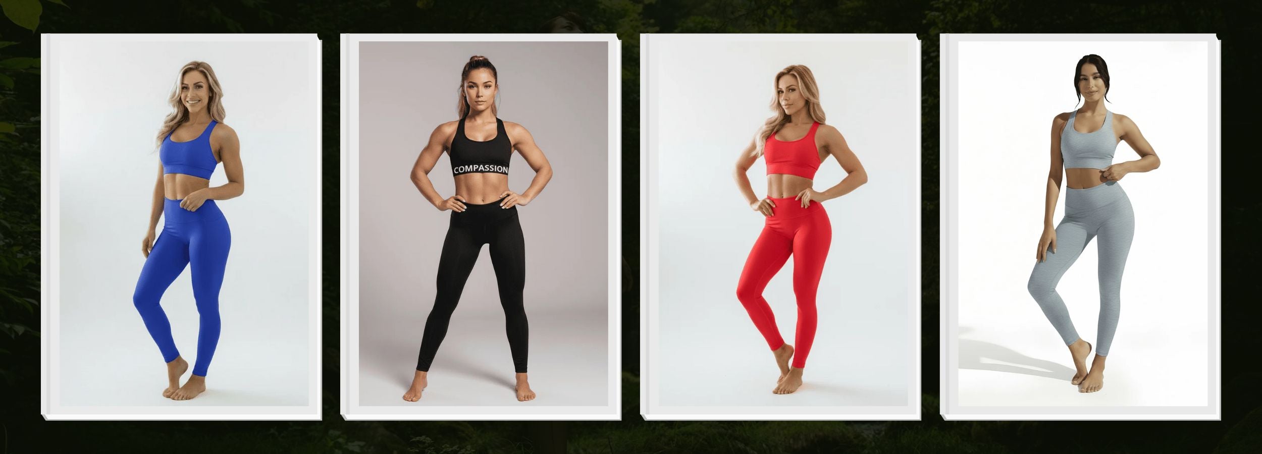 Four women modeling different colored leggings on a white background