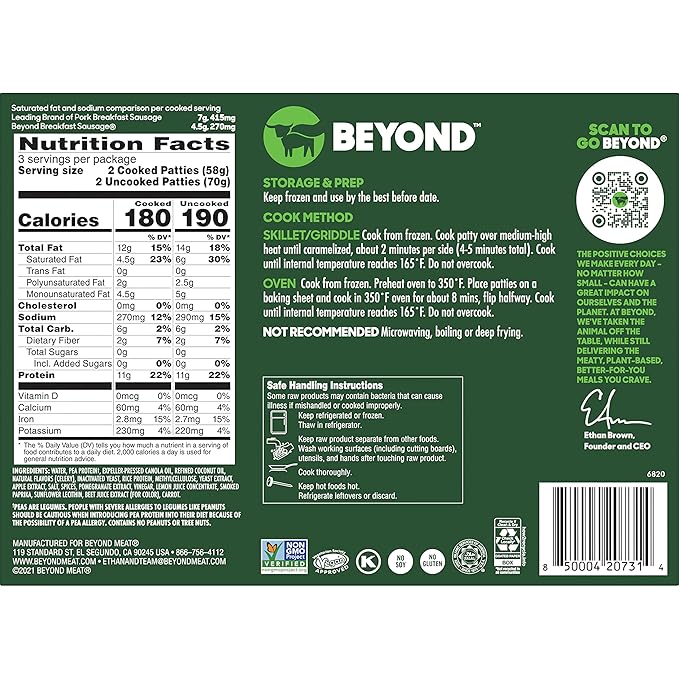 Beyond Meat Beyond Breakfast Sausage Plant - Based Breakfast Patties, Spicy 7.4 oz - For Health For Ethics - 
