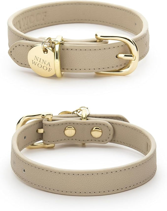 Copenhagen Leather Dog Collar - Handmade with Vegan Soft Leather Round Padded Collar with Adjustable Buckle for Extra Small, Small, Medium, and Large Dogs - Color Beige, Medium - For Health For Ethics - 