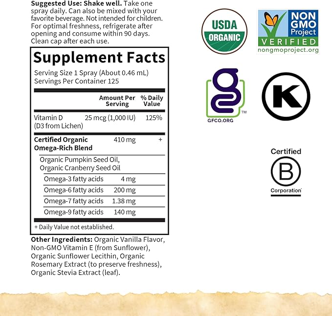 Garden of Life Organics Vegan Vitamin D3 for Women and Men, Liquid 1000 IU Per Spray, D3 Plus Omegas - Vanilla Flavor - 125 Servings - 2fl oz Liquid Whole Food D3 Vitamin Supplement - For Health For Ethics - 