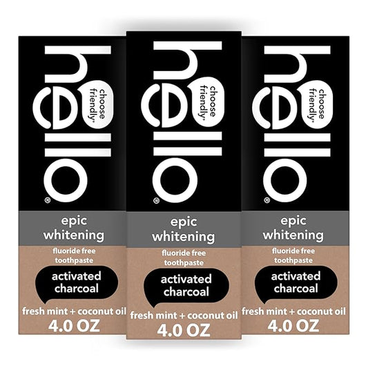 Hello Activated Charcoal Toothpaste, Fluoride Free with Activated Charcoal, Teeth Whitening Toothpaste with Fresh Mint and Coconut Oil, No SLS, Vegan, Gluten Free, 3 Pack, 4 OZ Tubes - For Health For Ethics - 