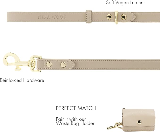 Leather Dog Leash - Cupertino - Beige Slim Leash with Reinforced Hardware, European Design Soft Dog Collars, Harnesses & Leashes, 4ft - For Health For Ethics - 