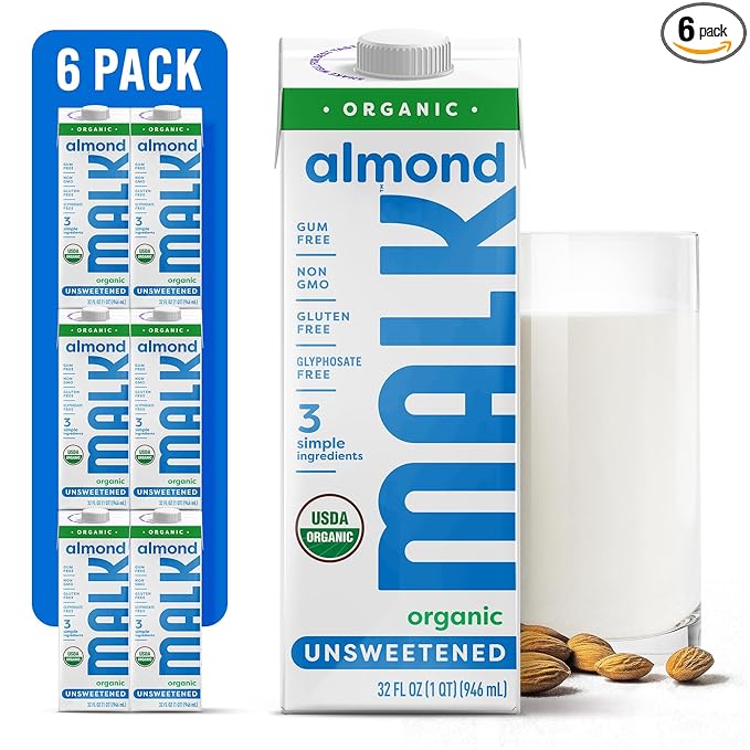 MALK Almond Milk Unsweetened (32oz, Pack of 6) - Shelf Stable Organic Almond Milk, Non GMO, Whole 30, Dairy Free, Vegan, Plant Based, No Gums or Fillers - Malk for Smoothies, Cereal, Coffee, Creamer - For Health For Ethics - 