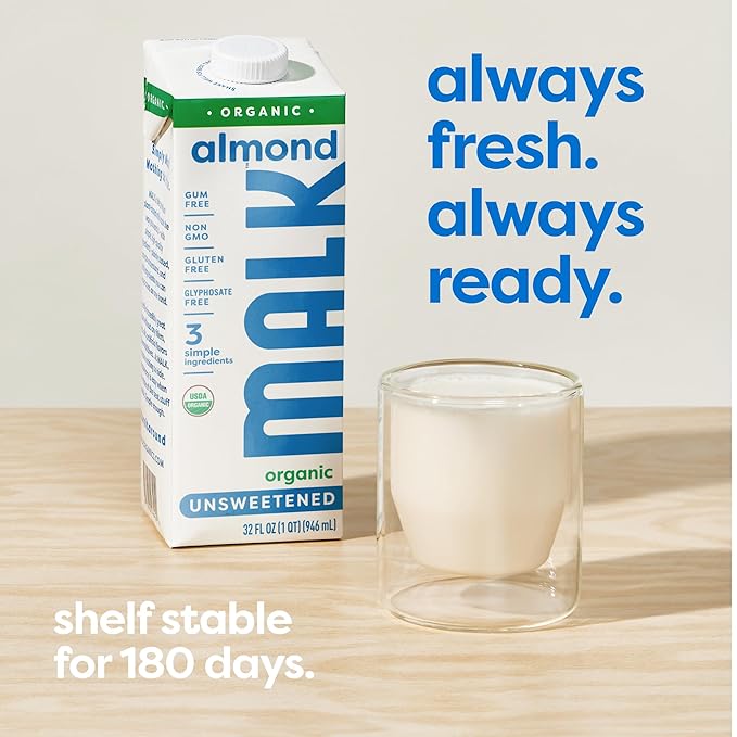 MALK Almond Milk Unsweetened (32oz, Pack of 6) - Shelf Stable Organic Almond Milk, Non GMO, Whole 30, Dairy Free, Vegan, Plant Based, No Gums or Fillers - Malk for Smoothies, Cereal, Coffee, Creamer - For Health For Ethics - 