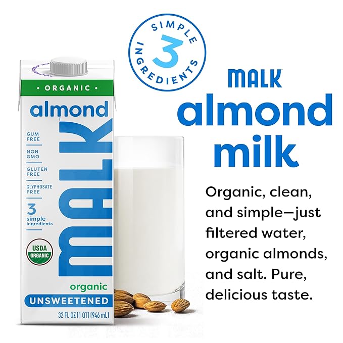 MALK Almond Milk Unsweetened (32oz, Pack of 6) - Shelf Stable Organic Almond Milk, Non GMO, Whole 30, Dairy Free, Vegan, Plant Based, No Gums or Fillers - Malk for Smoothies, Cereal, Coffee, Creamer - For Health For Ethics - 