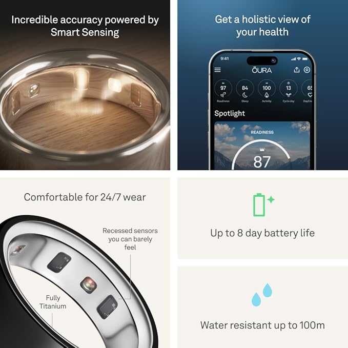 Oura Ring 4 - Black - Size 9 - Smart Ring - Size First with Oura Ring 4 Sizing Kit - Sleep Tracking Wearable - Heart Rate - Fitness Tracker - Up to 8 Days of Battery Life - For Health For Ethics - 