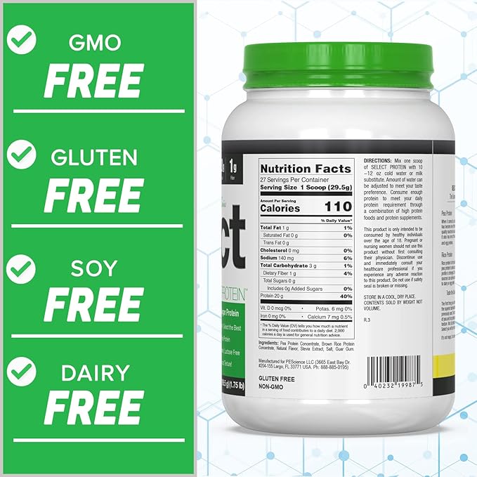 PEScience Select Vegan Plant Based Protein Powder, Vanilla, 27 Serving, Premium Pea and Brown Rice Blend - For Health For Ethics - 