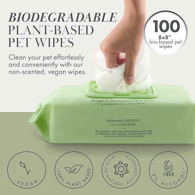 Premium Biodegradable Pet Wipes for Dogs & Cats – Non - Scented, Non - Alcoholic with Aloe Vera – Hypoallergenic Grooming for Paws, Face, Body & Butt (100 Count) - For Health For Ethics - 