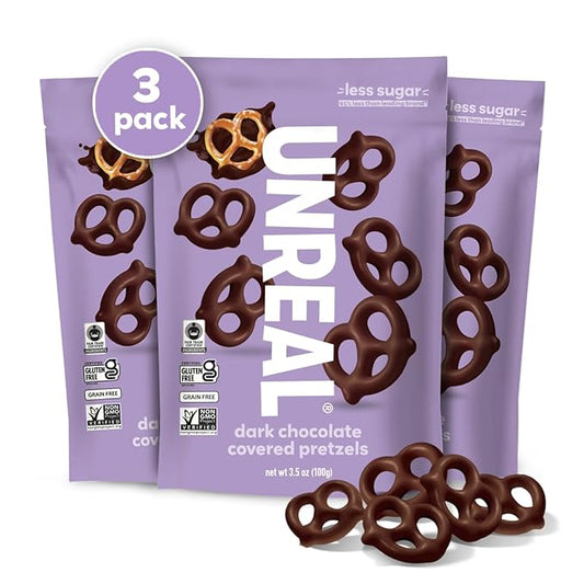UNREAL Dark Chocolate Covered Pretzels, 7g Sugar, Chocolate Candy Treat Bag, Gluten Free, Fair Trade, Non - GMO, Value Size, 3.5oz (Pack of 3) - For Health For Ethics - 