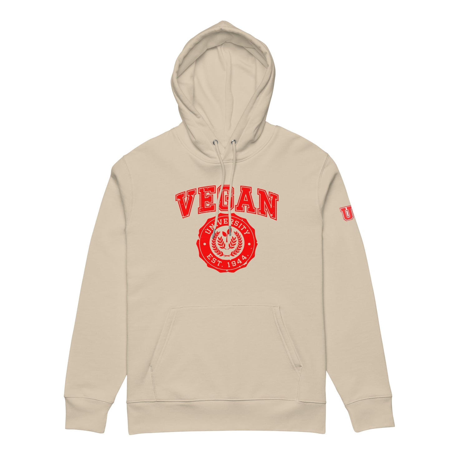 Vegan University Hoodie - For Health For Ethics - Tan/Cardinal