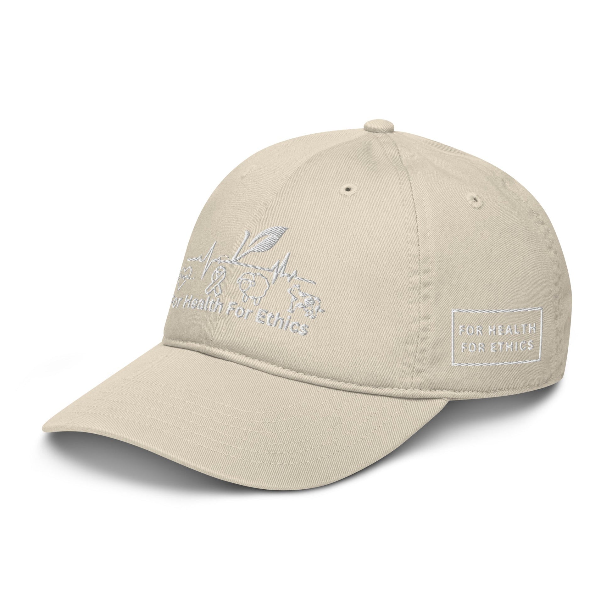 Vegan Organic dad hat - For Health For Ethics - Oyster - Front Left